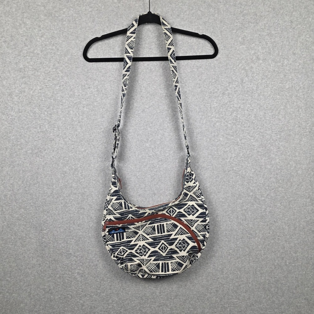 Kavu Crossbody Bag Womens Medium Blue Geometric Canvas Yellow Lining Zip Pockets